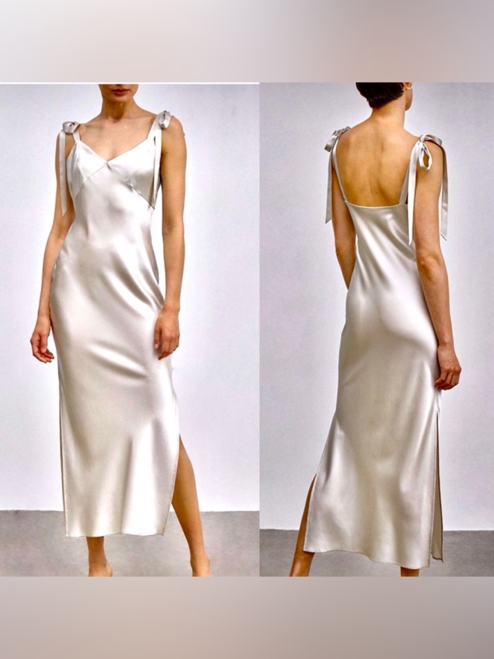 100% Silk by Silk Maison Tie-Shoulder Satin Maxi Slip Dress Ivory Cream